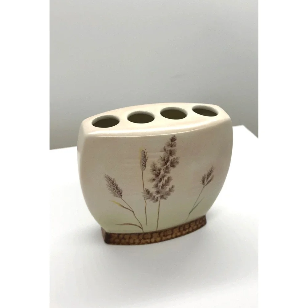 Hand Painted Ceramic Toothbrush Holder Wheat Botanical Farmhouse Decor 4 Slot
